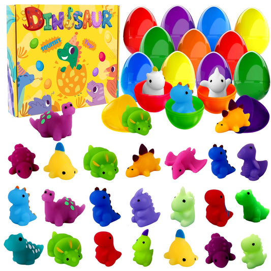 JOICEE 24pcs Dinosaur Squishy Toy Prefilled Easter Eggs Kawaii Mochi Squishies Stress Relief Toys Filled Plastic Easter Eggs for Easter Basket Stuffers Party Favor Egg Hunt for Kids