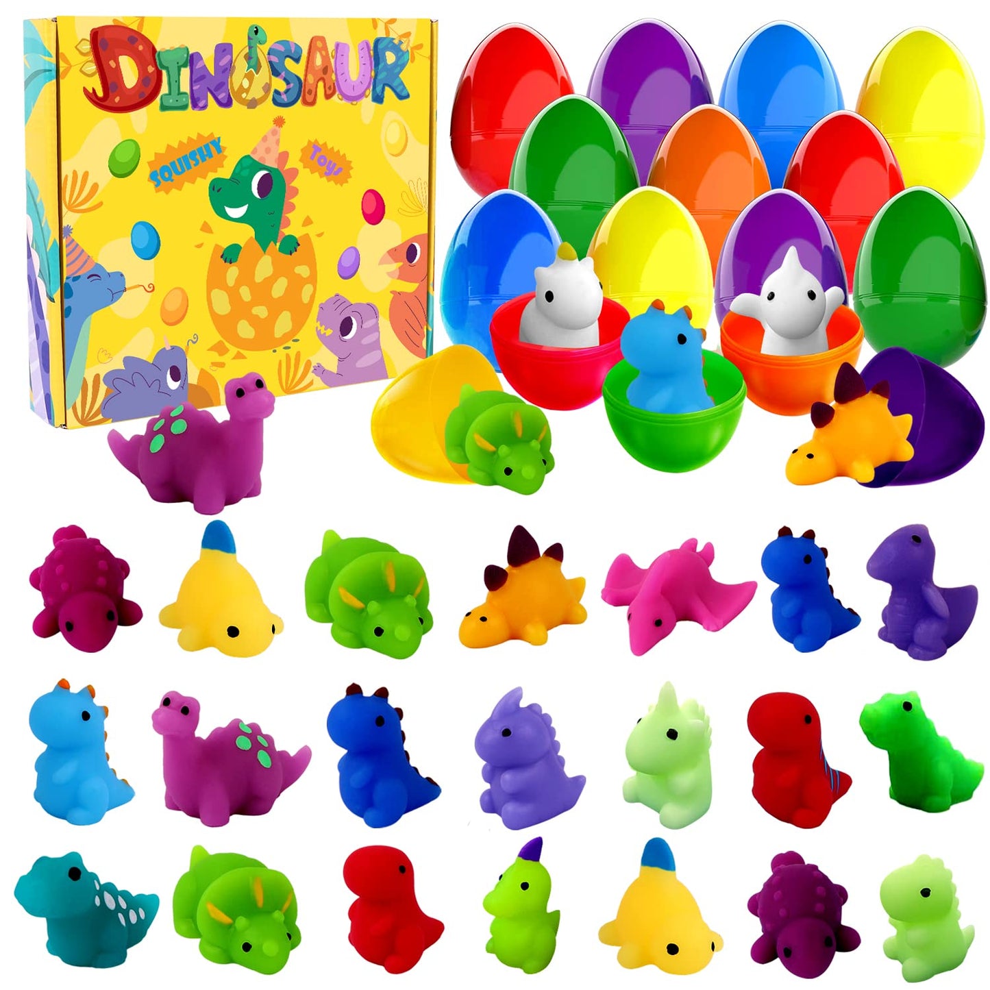 JOICEE 24pcs Dinosaur Squishy Toy Prefilled Easter Eggs Kawaii Mochi Squishies Stress Relief Toys Filled Plastic Easter Eggs for Easter Basket Stuffers Party Favor Egg Hunt for Kids