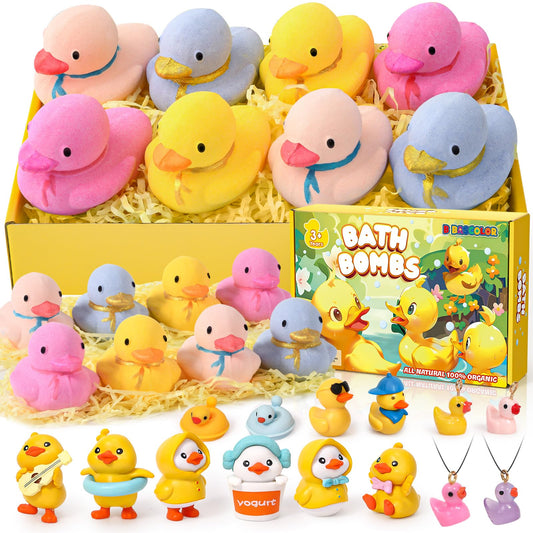 B Bascolor 8 Pcs Duck Bath Bombs for Kids with Surprise Toys Inside Bubble Bath Kids Fizzies with 14 Bath Toys Natural Organic Bathbombs For Kids Easter Christmas Gifts for Kids Boys Girls Toddlers