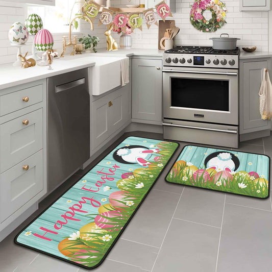 Putware Easter Kitchen Rugs and Mats Set of 2 Easter Decorations for Home Non Slip Backing Happy Easter Kitchen Rug Seasonal Low-Profile Kitchen Floor Mat Easter Decor 17"X47"+17"X30"