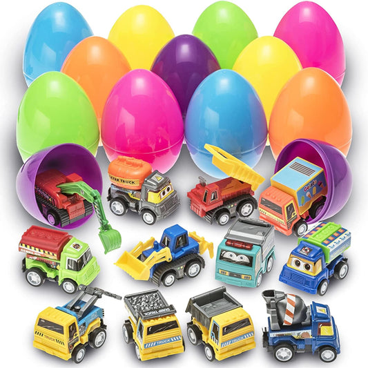PREXTEX Toy Filled Easter Eggs with Pull-Back Construction & Engineering Vehicles (12 pack) – Plastic Easter Eggs with Toys Inside Large Easter Eggs Birthday Party Favors - Easter Toys