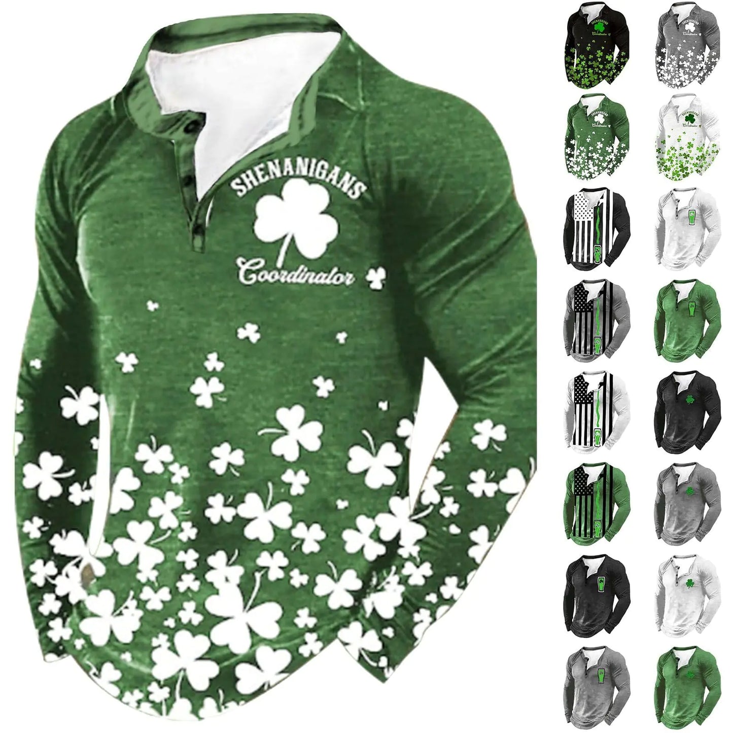 Mens St Patricks Day Shirt T Shirts Irish Three Leaf Clover Shamrock Flag Button Up Long Sleeve Pullover Saint St Patricks Day Golf Shirts Tshirts Clothes Outfit Apparel for Men 2024