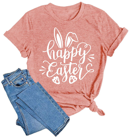 Women Happy Easter T Shirt Bunny Rabbit Graphic T-Shirt Funny Letter Printed Shirts Short Sleeve Tops(PinkMedium)